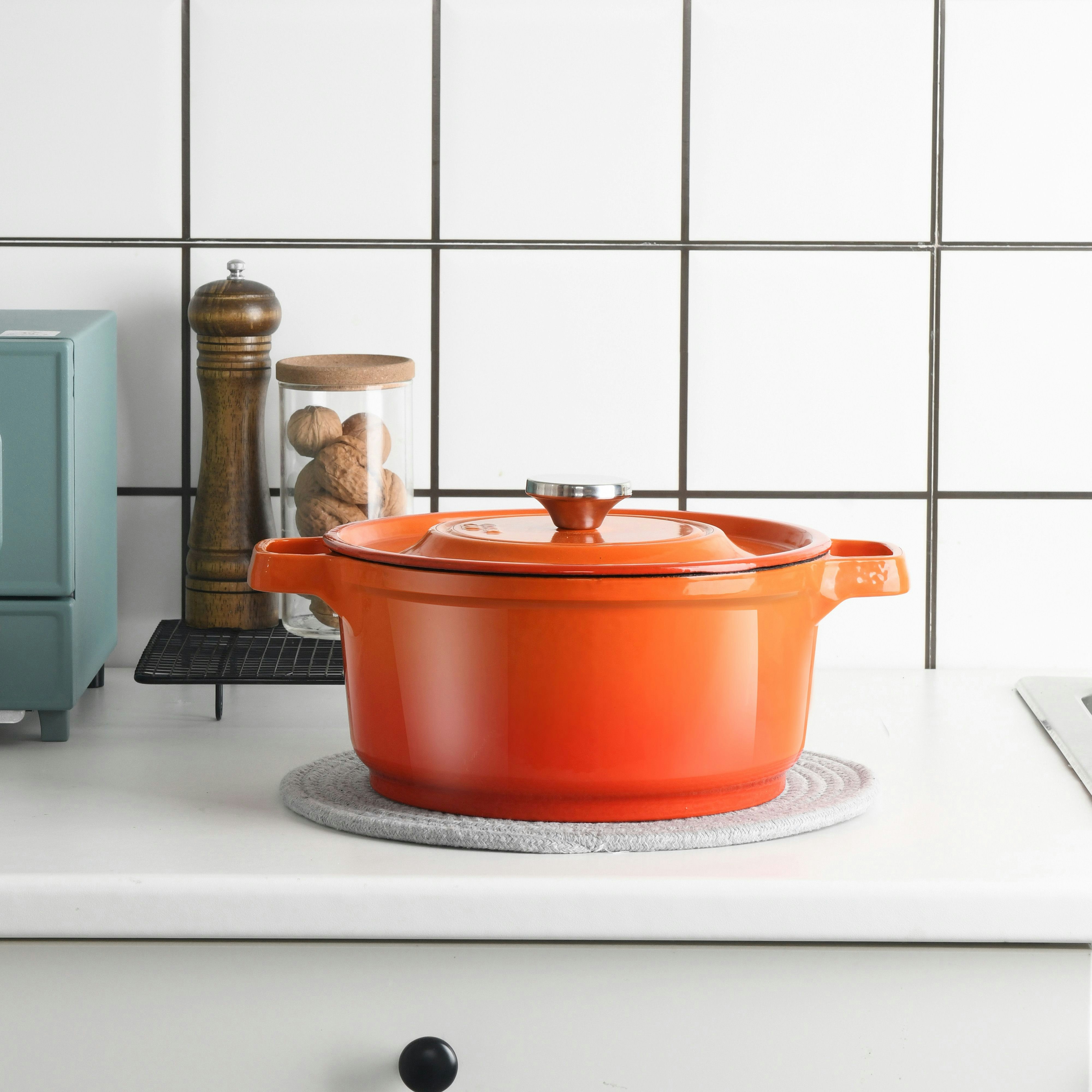 Saucepan with lid on a counter